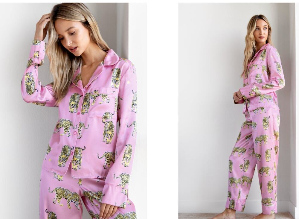 Nasty Gal Cheetahs Never Prosper Long Sleeve Pink Satin Pajama Set. Size 6